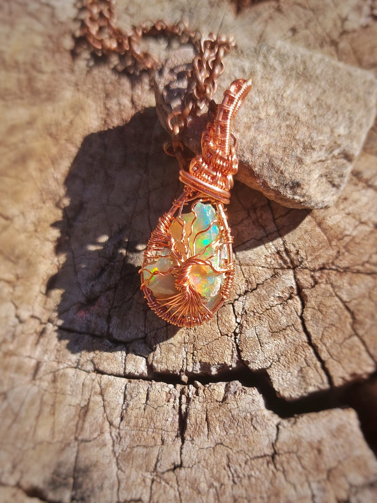 Ethiopian opal Tree of Life pendant wrapped in copper wire