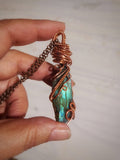 Handcrafted Labradorite copper wire wrapped pendant with blue green flash crystal, artisan crystal necklace for protection and calm