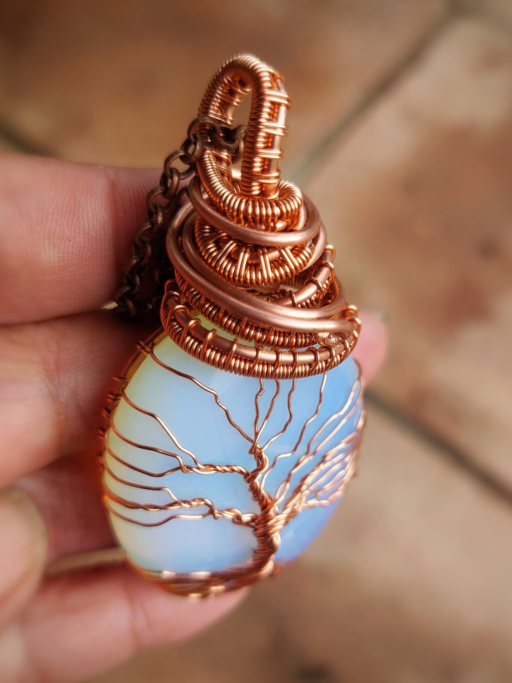 Natural opalite gemstone necklace wrapped in copper wire Tree of Life jewelry