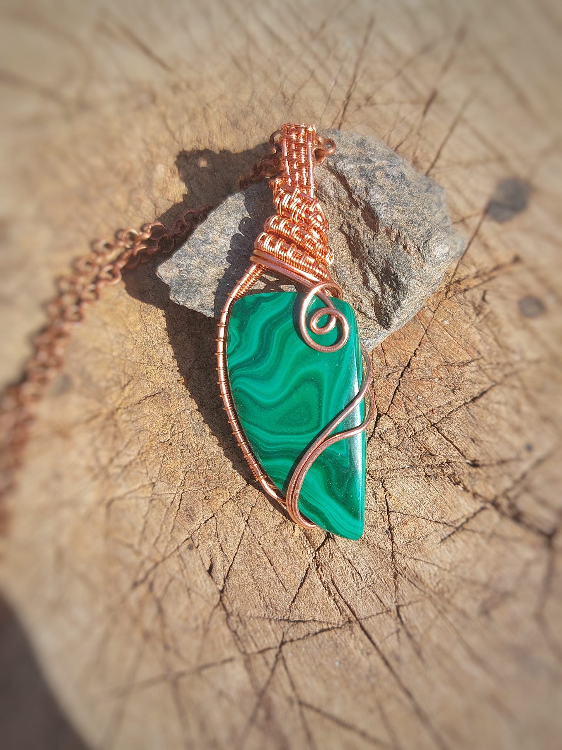 Handcrafted malachite guardian pendant wrapped in copper wire