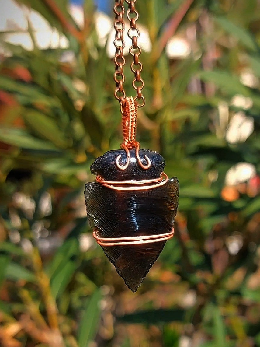 Handmade obsidian spearpoint guardian pendant on copper chain