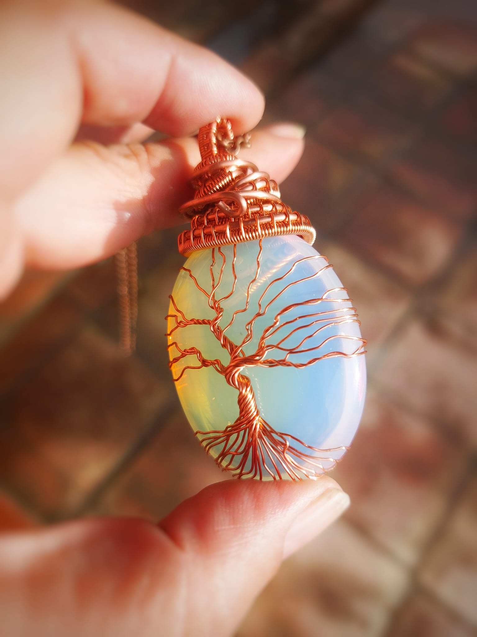 Opalite crystal pendant handmade in copper wire Tree of Life design